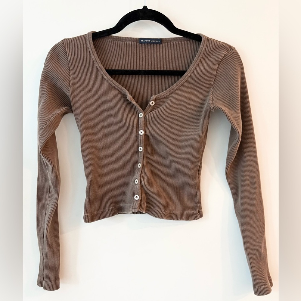 Brandy Melville Brown Ribbed Long Sleeve Button-Up Top